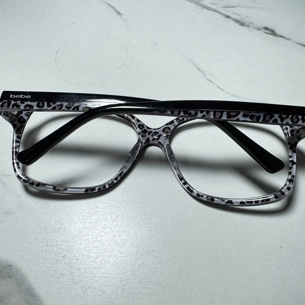 Bebe Exotic BB7075 Jet Black Grey Leopard Print Square Eyeglasses Frames 130
